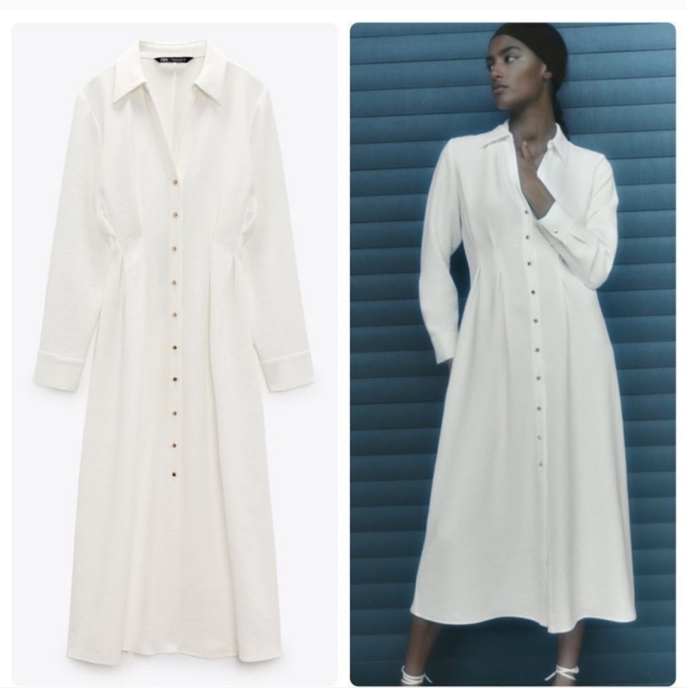 Zara Shirt Dress Tailored Oyster White Gold Buttons Midi Dress NWT